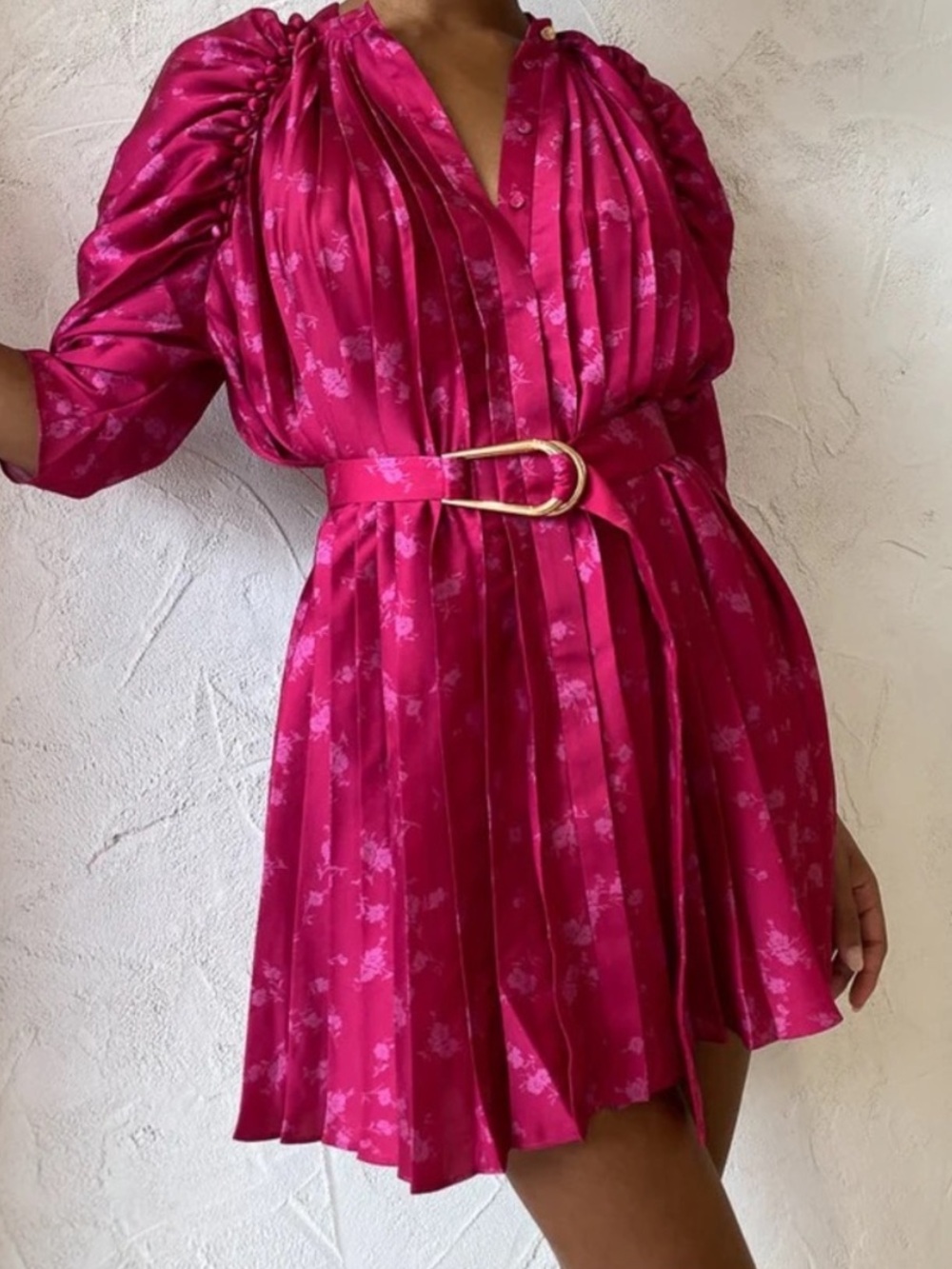 Acler Ivy Pleated Belted Floral Satin Mini Dress in Fuschia Pink